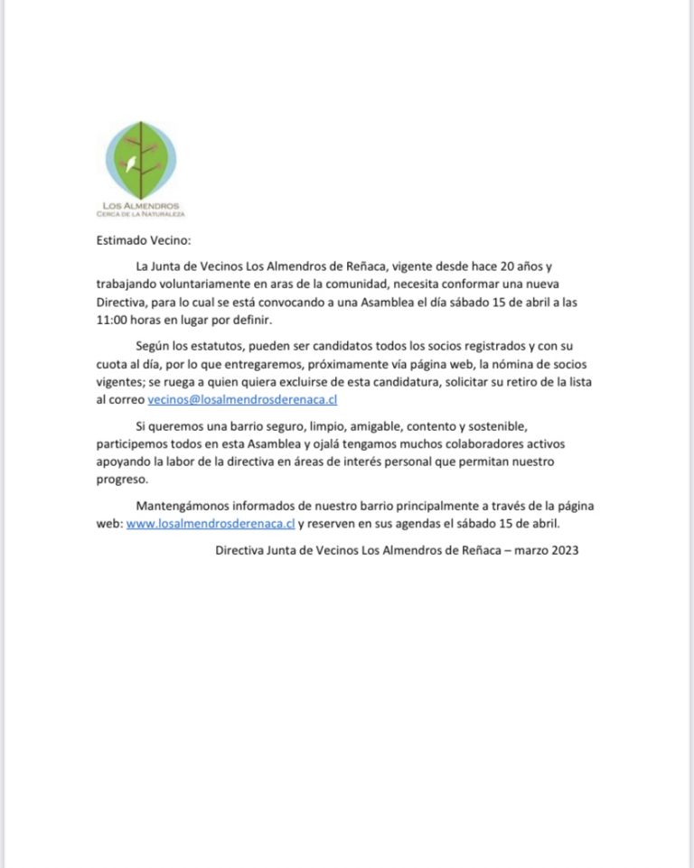 CONVOCATORIA PARA PRÓXIMA ASAMBLEA PARA CONFORMAR NUEVA DIRECTIVA