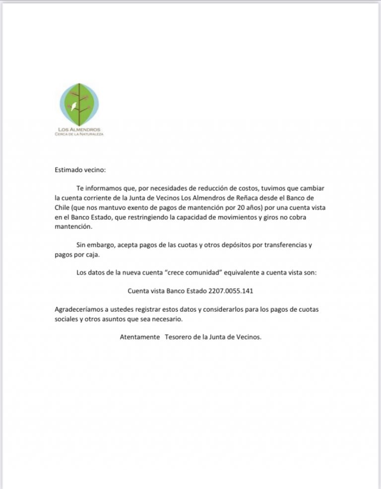 CAMBIO CUENTA BANCO BANCO JUNTA DE VECINOS
